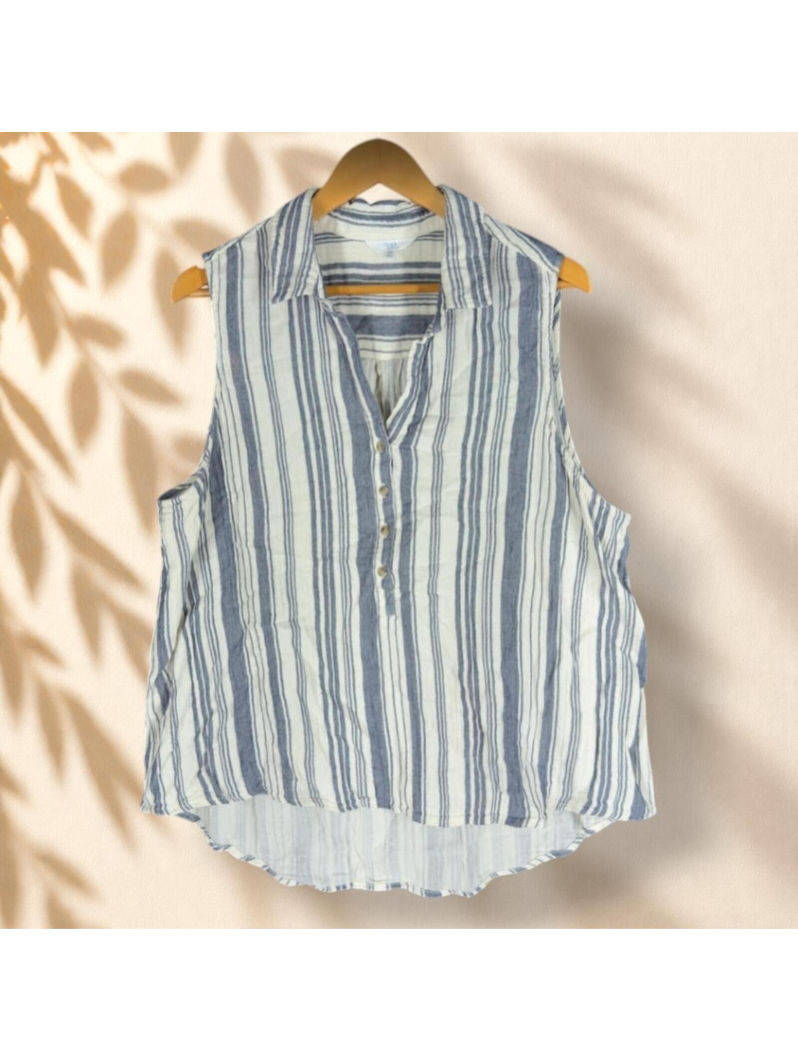 Time And Tru Shirt Women 2xl White Striped Button Up Collared Sleeveless Cotton